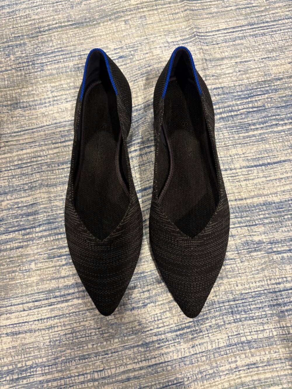 Rothy's Black Pointed Knit Flats with Blue Trim - Picture 2 of 8